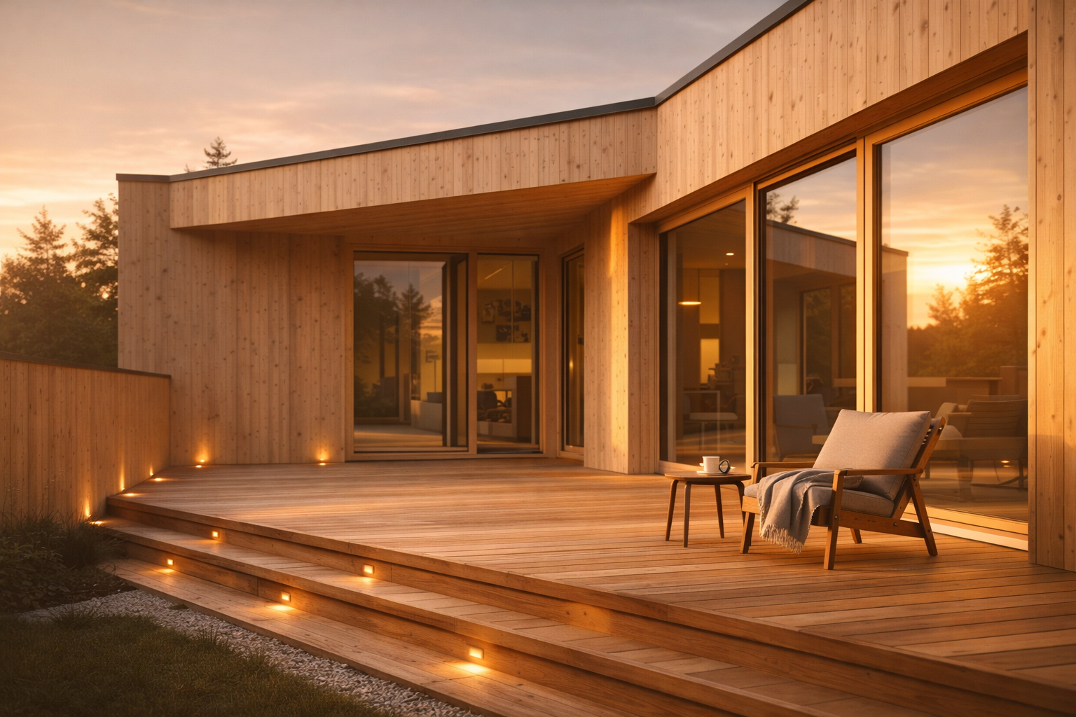 Modernne puitterrass Skandinaavia stiilis eramaja juures päevavalguses